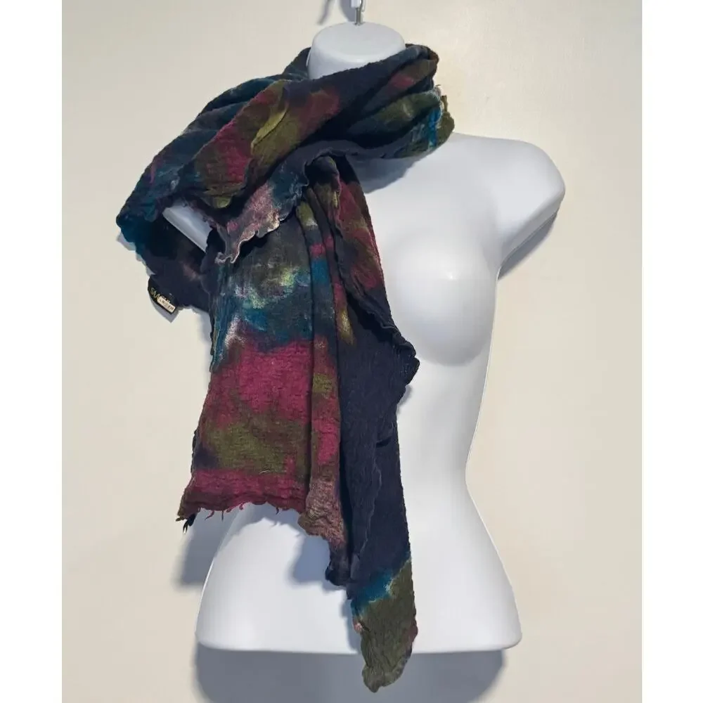 Saachi Hand Dyed Silk Wool Scarf‎ Boho Textured Artsy Unique Colorful